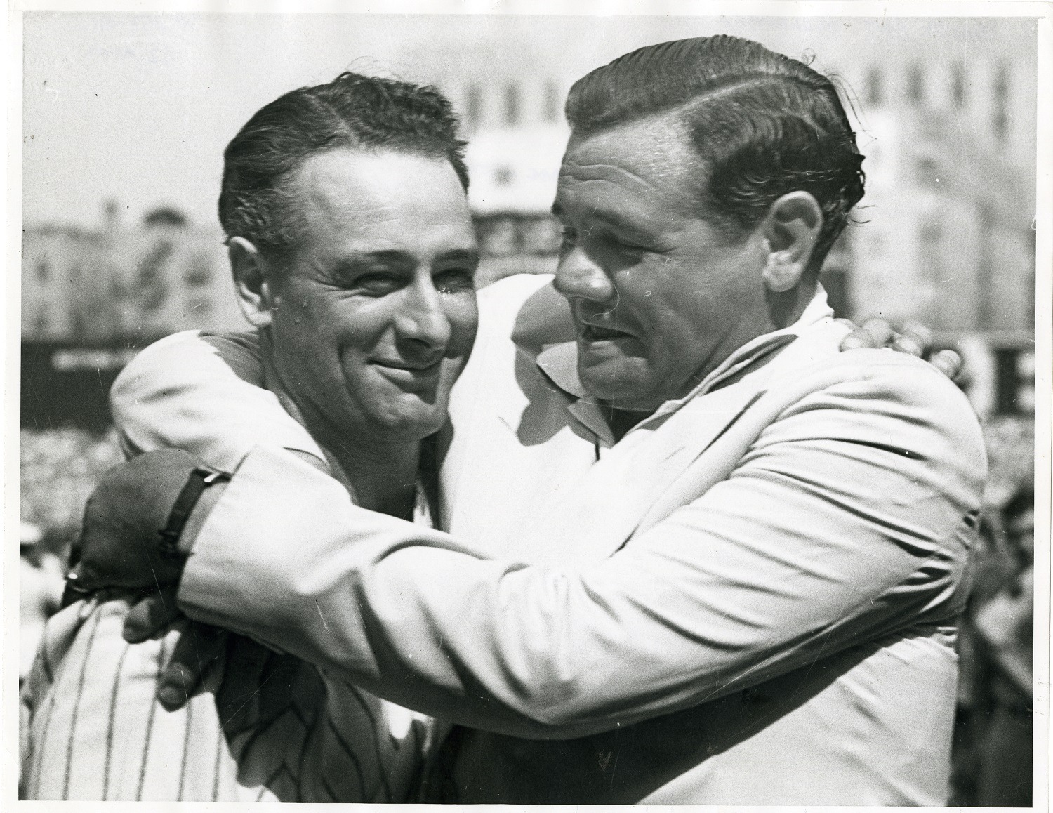 Babe Ruth hugging Lou Gehrig