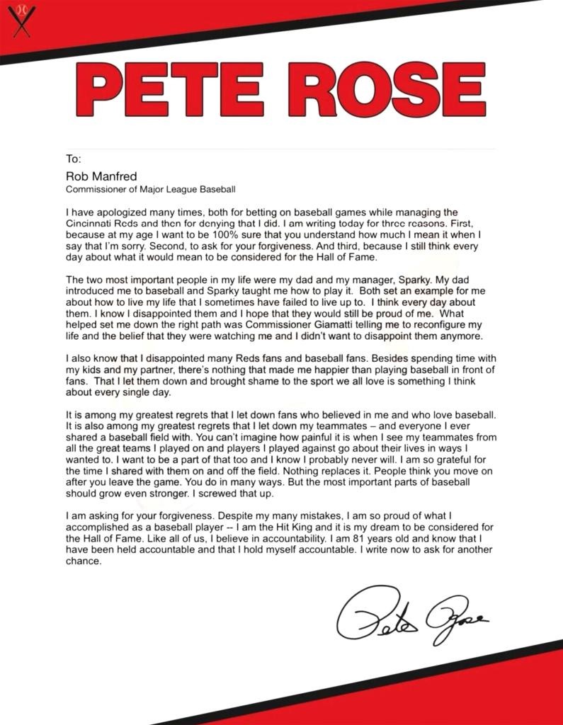 Pete Rose Hall of Fame letter