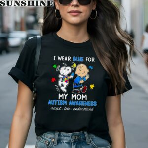 Snoopy Woodstock And Charlie Brown I Wear Blue For My Mom Autism Awareness Shirt 1 women shirt