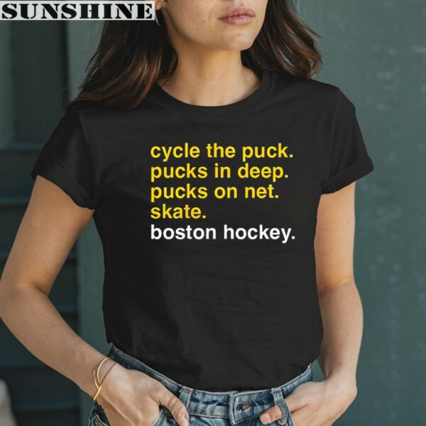 Boston Bruins Cycle The Puck Pucks In Deep Puck On Net Skate Hockey Checklist Shirt 2 women shirt