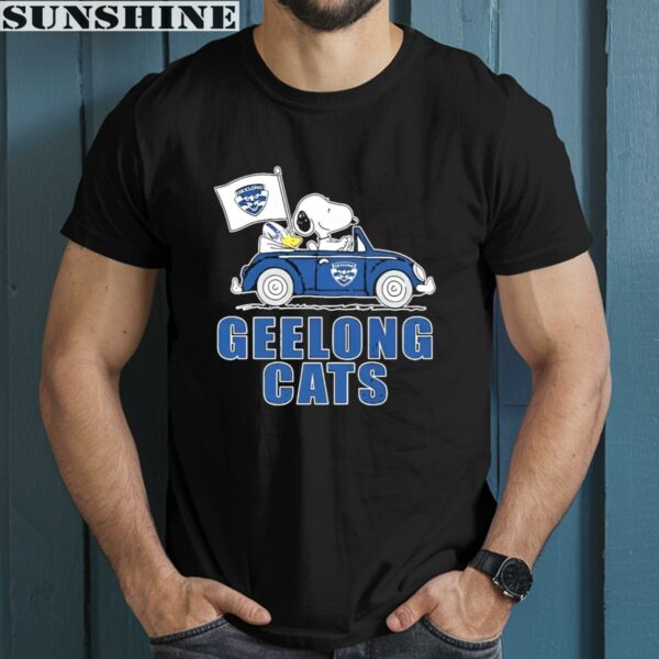Funny Peanuts Snoopy And Woodstock On Car Geelong Cats Shirt 1 men shirt