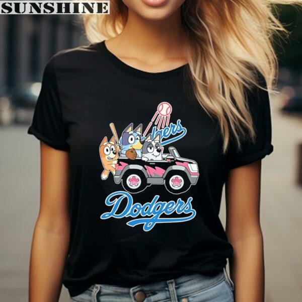 Official MLB Los Angeles Dodgers Bluey Bandit Chilli And Aunt Trixie Driving Car T shirt 2 women shirt