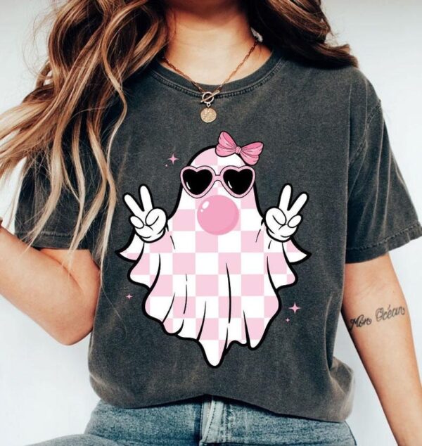 Cute Girly Ghost Blowing Bubble Shirt Cute Pink Ghost Shirt Retro Ghost Shirt 3