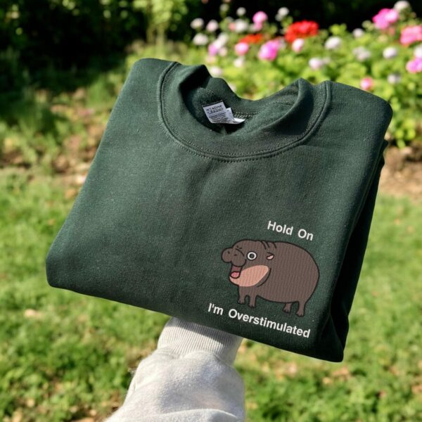 Embroidered Moo Deng Sweatshirt Embroidered Baby Pygmy Hippo Moo Deng Sweater Crewneck Embroidered Hold On Partner Im Overstimulated Shirt 3