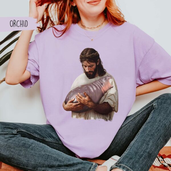 Funny Moo Deng Comfort Colors Shirt Jesus Holding Moo Deng the Hippo Shirt Funny Meme Tee Joke Tshirt Meme Shirt Hippo Lover T Shirt 4