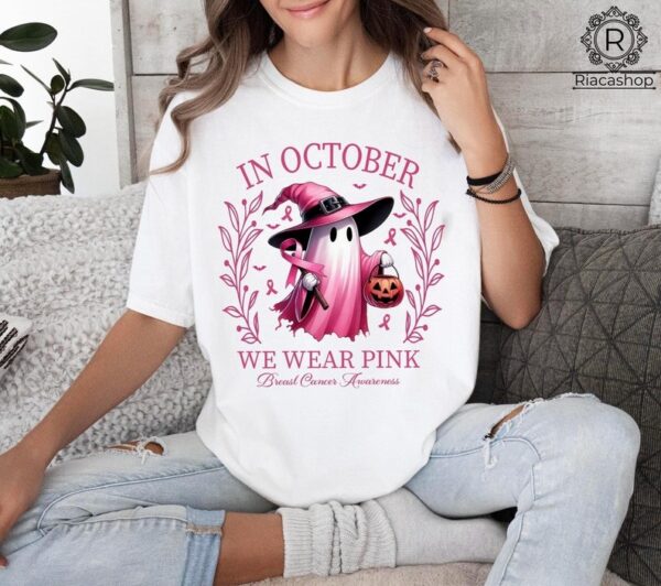 In October We Wear Pink Ghost Shirt Halloween Tee Pink Ribbon Shirt 1