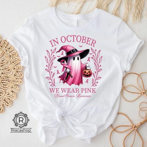 In October We Wear Pink Ghost Shirt Halloween Tee Pink Ribbon Shirt 2