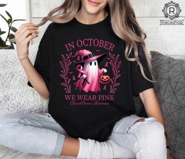 In October We Wear Pink Ghost Shirt Halloween Tee Pink Ribbon Shirt 3