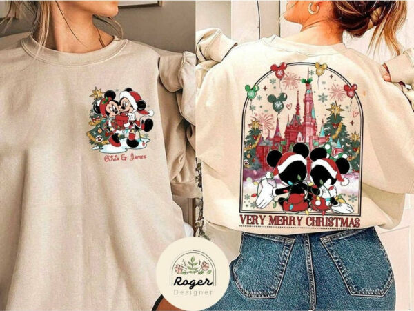 Two sided Mickey Minnie Couple Disney Christmas Shirt Mickeys Very Merry Christmas Party WDW Disneyland Castle Holiday Couple Xmas Trip 1