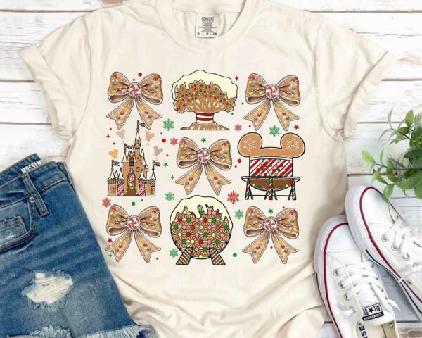 Walt Disney World Coquette Bows Gingerbread Christmas Shirt Epcot World Tour Xmas Tee Mickeys Very Merry Xmas Party Hollywood Studio Tee 2