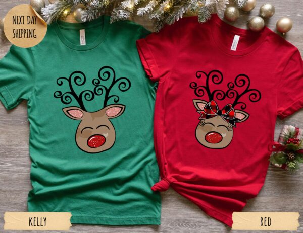 Couple Reindeer Face T Shirts Female and Male Reindeer Christmas T Shirts Christmas T Shirts For Couples Christmas T Shirts With Reindeer 1