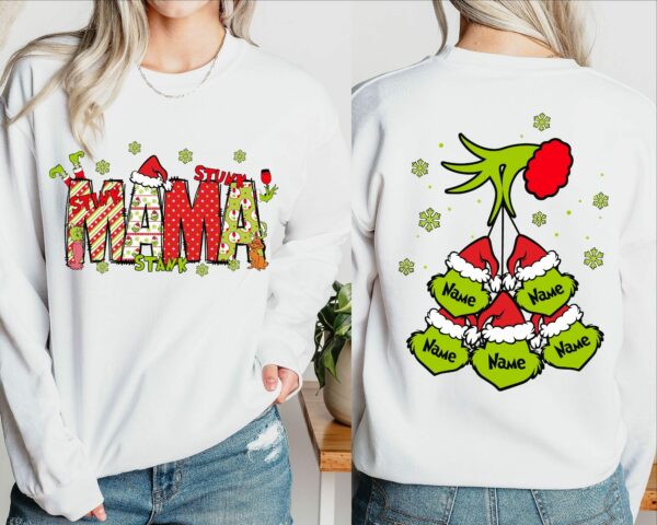 Custom Christmas Mama Kids Names Sweatshirt Christmas Grinch Mama CrewneckGrinchmas Grandma Gift SweatshirtStunk Stink Stank Mama Sweater 1