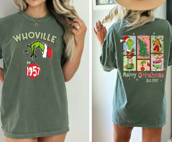 Double Sided Whoville Est 1957 Merry Grinchmas Comfort Colors Shirt Grinch T shirt Funny Christmas Party Family Matching Shirt Xmas Gift 2