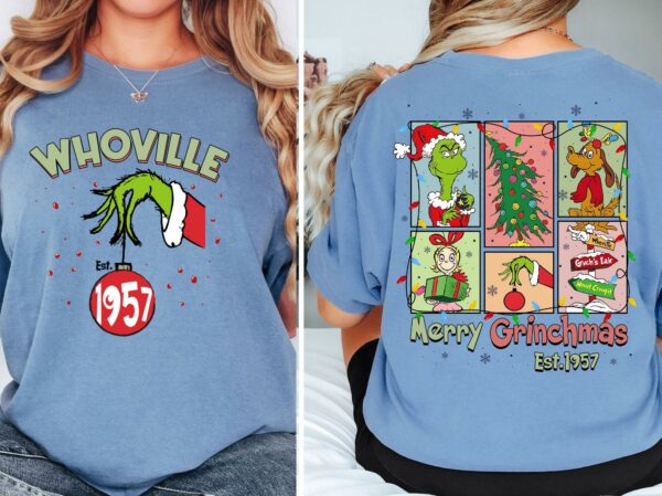 Double Sided Whoville Est 1957 Merry Grinchmas Comfort Colors Shirt Grinch T shirt Funny Christmas Party Family Matching Shirt Xmas Gift 3