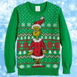 Dr Seuss Grinch As Santa Next to Tree Off White Ugly Christmas Sweaters Grinch 1 1