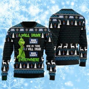 Grinch I Will Drink Bud Light Everywhere Ugly Christmas Sweater 1 1