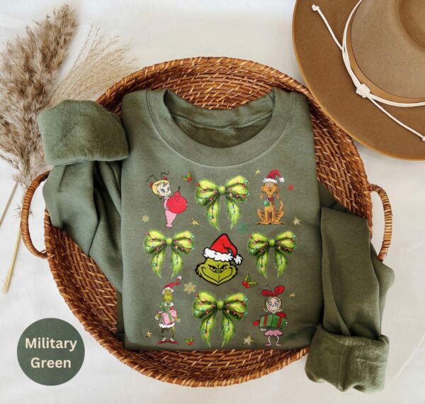 Grinchmas Coquette Bow Sweatshirt Green Fur Sweatshirt Santa Hat Sweatshirt Grinchmas Sweatshirt Christmas Lights Bow Funny Christmas 2