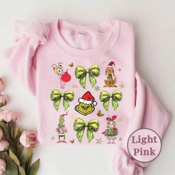 Grinchmas Coquette Bow Sweatshirt Green Fur Sweatshirt Santa Hat Sweatshirt Grinchmas Sweatshirt Christmas Lights Bow Funny Christmas 5