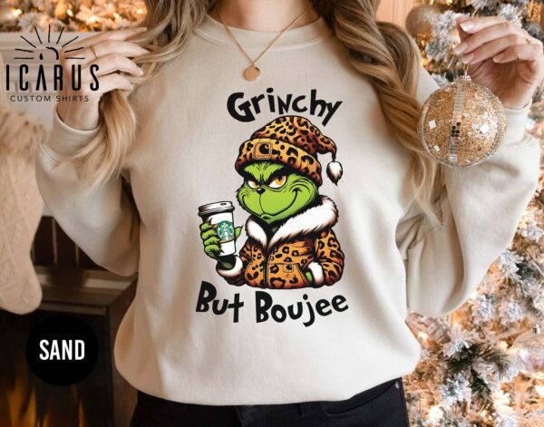 Grinchy but Boujee Christmas Sweatshirt Trendy Bougie Holiday Sweater Funny Christmas Gifts for Her Leopard Print Grinchmas Women Xmas 1