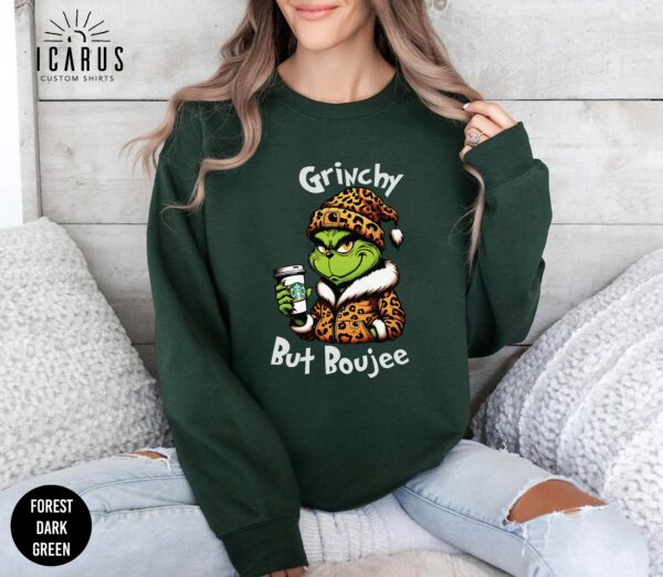 Grinchy but Boujee Christmas Sweatshirt Trendy Bougie Holiday Sweater Funny Christmas Gifts for Her Leopard Print Grinchmas Women Xmas 2