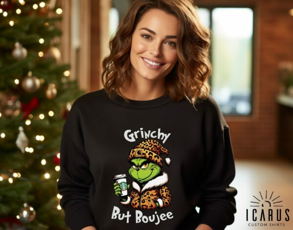 Grinchy but Boujee Christmas Sweatshirt Trendy Bougie Holiday Sweater Funny Christmas Gifts for Her Leopard Print Grinchmas Women Xmas 4