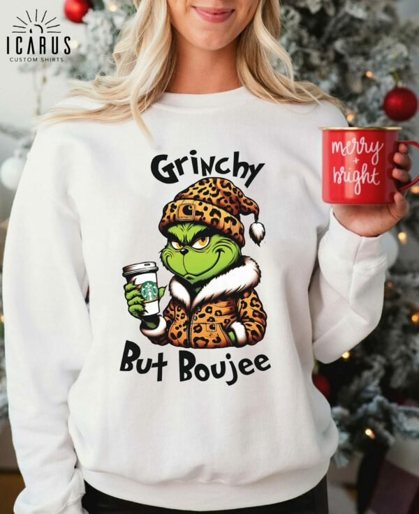 Grinchy but Boujee Christmas Sweatshirt Trendy Bougie Holiday Sweater Funny Christmas Gifts for Her Leopard Print Grinchmas Women Xmas 5