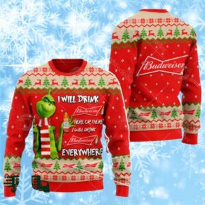 Miller High Life Beer Grinch I Will Drink Here Or There I Will Drink Everywhere Ugly Christmas Sweater 1 1