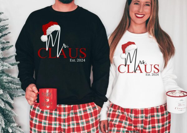 Mr Mrs Santa Claus Matching Couples Christmas Sweatshirt with Custom Established Year Matching Couples Christmas Pajama Couple Gift 1