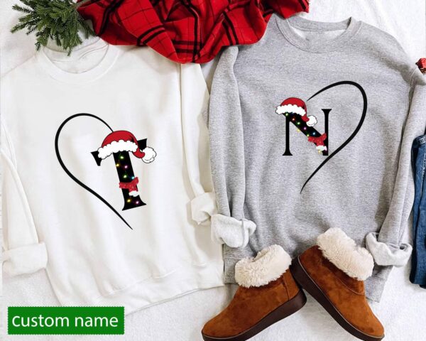 Personalized Christmas Alphabet Sweater Monogrammed Couple Christmas Shirt Holiday Matching Sweatshirt Matching Christmas Party Shirt 2