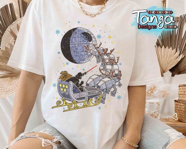 Santa Darth Vader Open Sleigh Christmas Lights Shirt Funny Disney Star Wars Xmas Tee Galaxys Edge Trip Disneyland Vacation Trip Gift 2