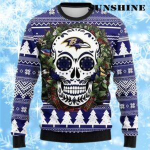 Skull Flower Calavera Baltimore Ravens Christmas Ugly Sweater 1 1