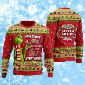 Stella Artois Beer Grinch I Will Drink Here Or There I Will Drink Everywhere Ugly Christmas Sweater 1 1