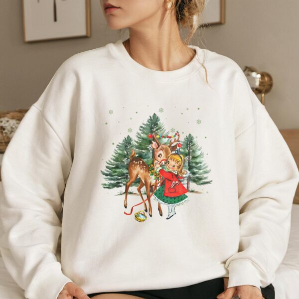 Vintage Christmas Girl and Reindeer Shirt Retro Christmas Shirt Retro 1950s Christmas Sweater Christmas Tree Sweatshirt Christmas Party 1