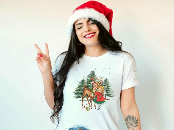 Vintage Christmas Girl and Reindeer Shirt Retro Christmas Shirt Retro 1950s Christmas Sweater Christmas Tree Sweatshirt Christmas Party 4