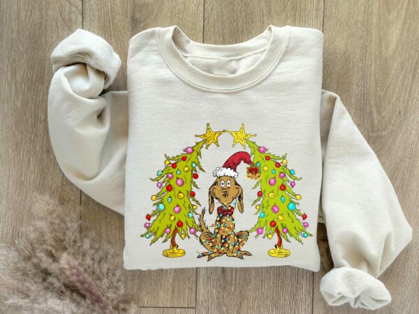 Whimsical Christmas Tree Shirt With Dog Max Whoville Tree Sweatshirt Whimsical Green Star Tree Trendy Christmas Tree Sweatshirt Tee 2