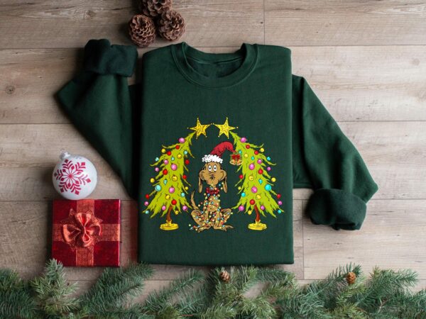 Whimsical Christmas Tree Shirt With Dog Max Whoville Tree Sweatshirt Whimsical Green Star Tree Trendy Christmas Tree Sweatshirt Tee 4