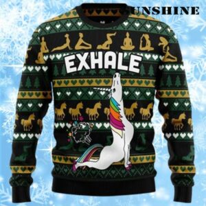 Womens Unicorn Christmas Sweater Yoga Exhale 1 1